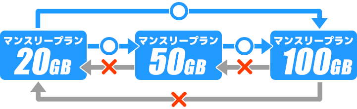 マンスリープランの場合、容量をアップするプラン変更は可能です。容量ダウンとなる50GBから20GBへの変更、及び100GBから50GBまたは20GBへの変更はできません。