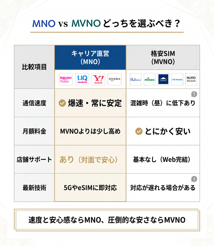 MVNOとキャリア直営ブランド(MNO)の違い徹底比較