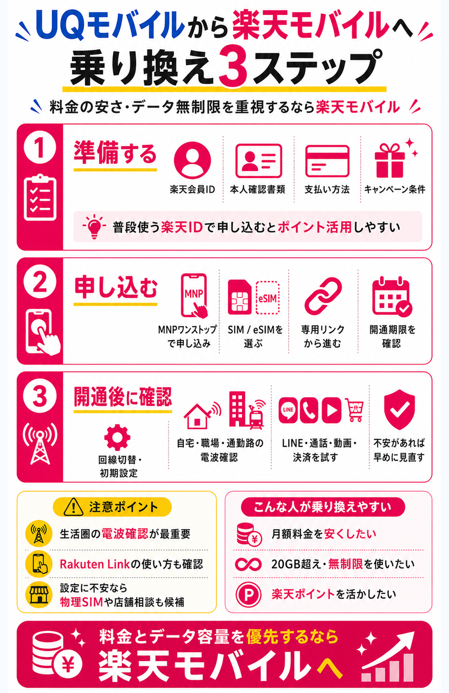 UQモバイルから楽天モバイルへ乗り換える3つの手順を示す図解