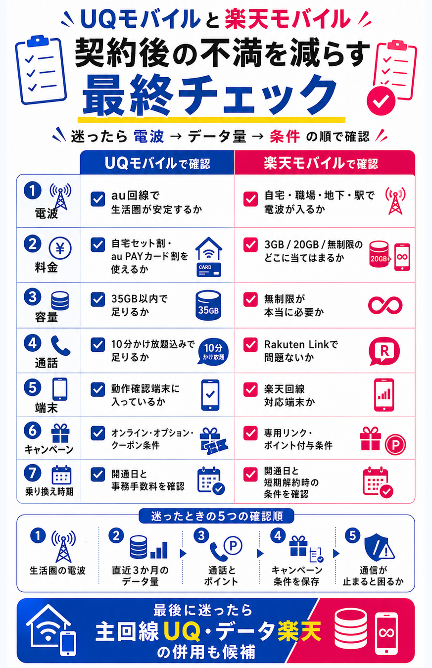 UQモバイルと楽天モバイルどっちを選ぶ？最終チェックを示す図解
