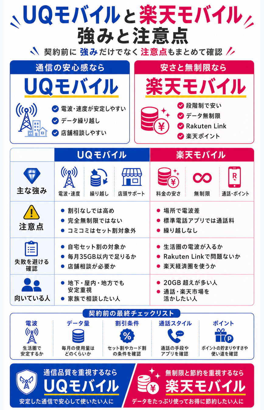 UQモバイルと楽天モバイルのメリット・デメリット比較を示す図解