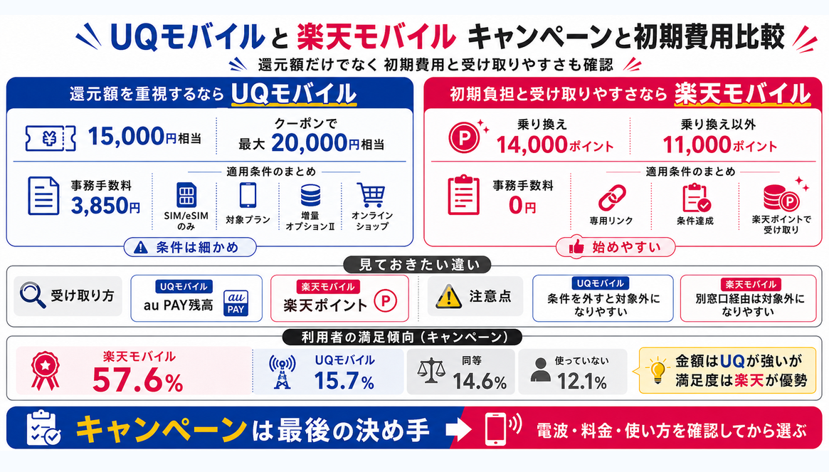 UQモバイルと楽天モバイルの最新キャンペーン比較を示す図解