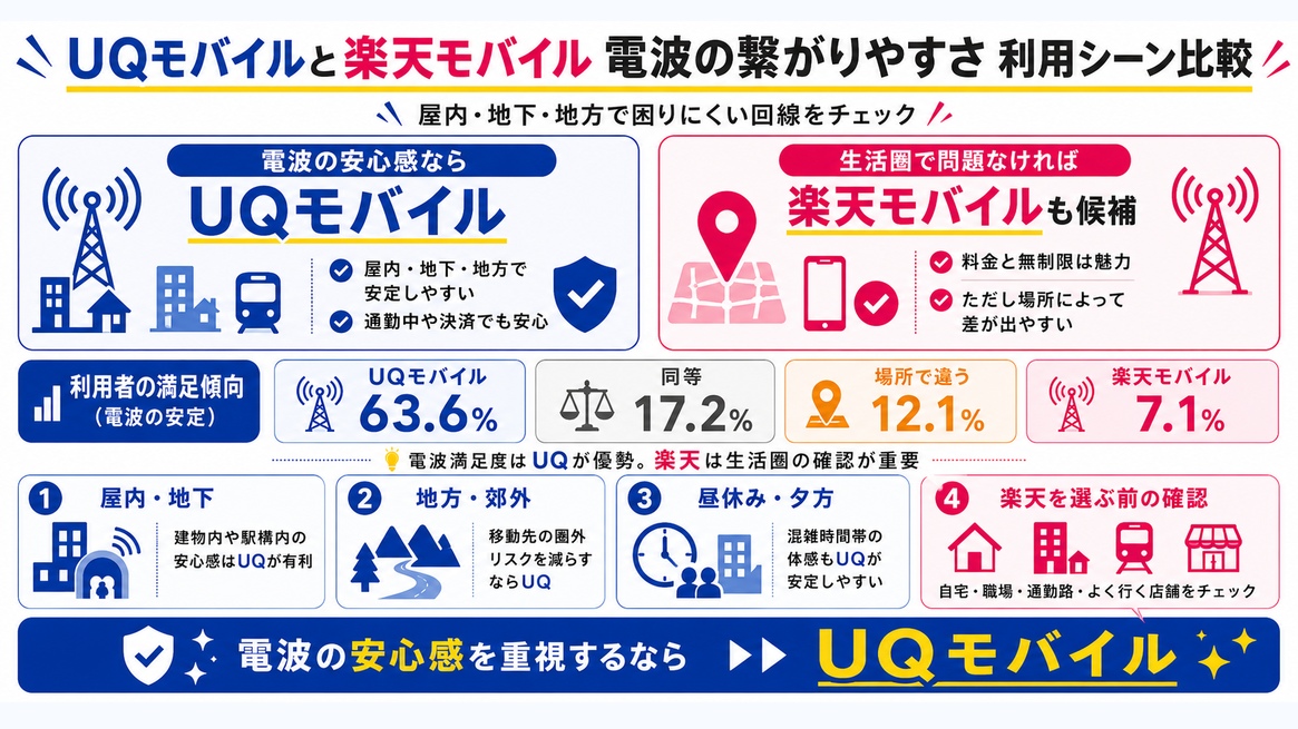 UQモバイルと楽天モバイルの電波・通信品質を比較を示す図解