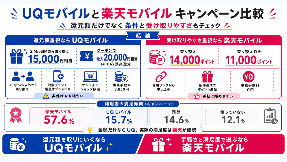 比較｜UQモバイルと楽天モバイルのキャンペーンを示す図解