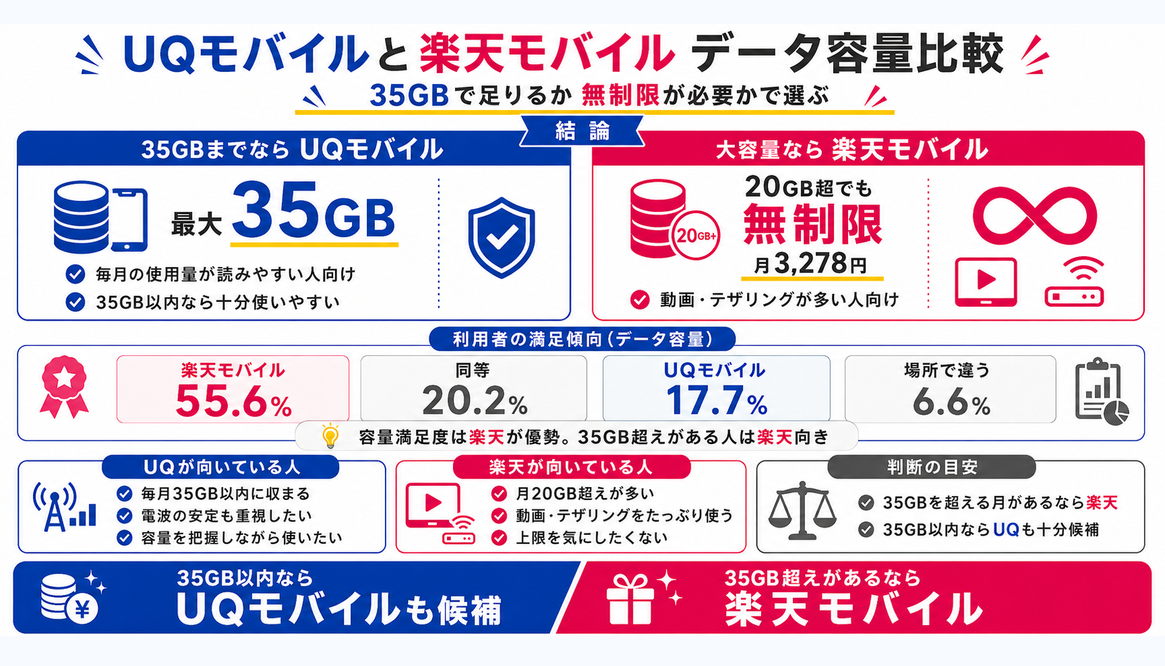 比較｜UQモバイルと楽天モバイルのデータ容量を示す図解