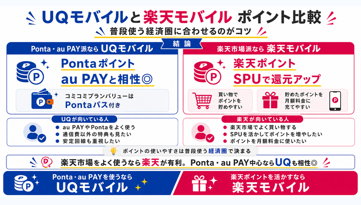 比較｜UQモバイルと楽天モバイルのポイント還元を示す図解