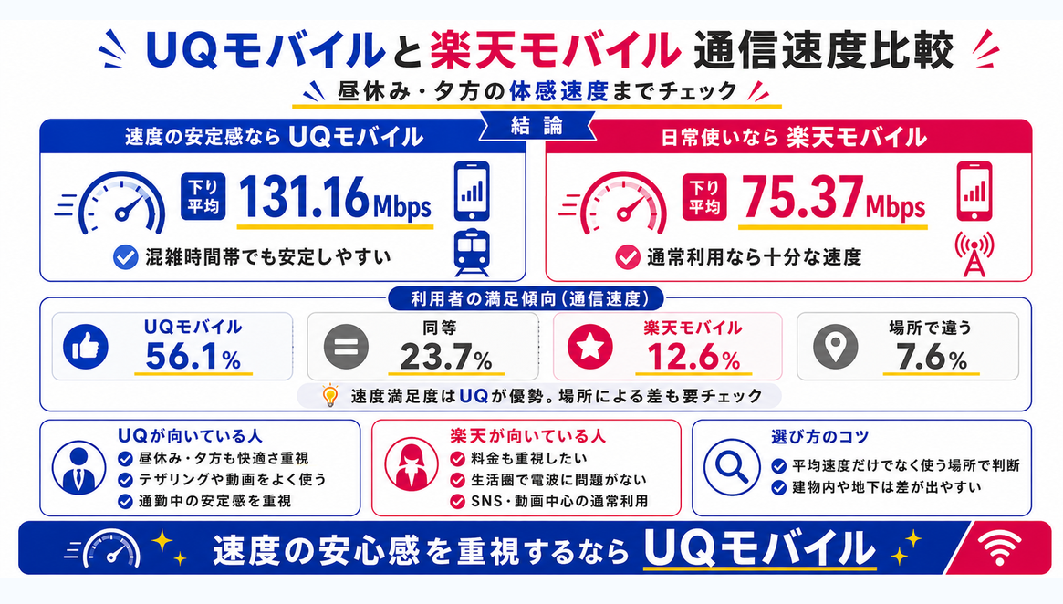 比較｜UQモバイルと楽天モバイルの通信速度を示す図解